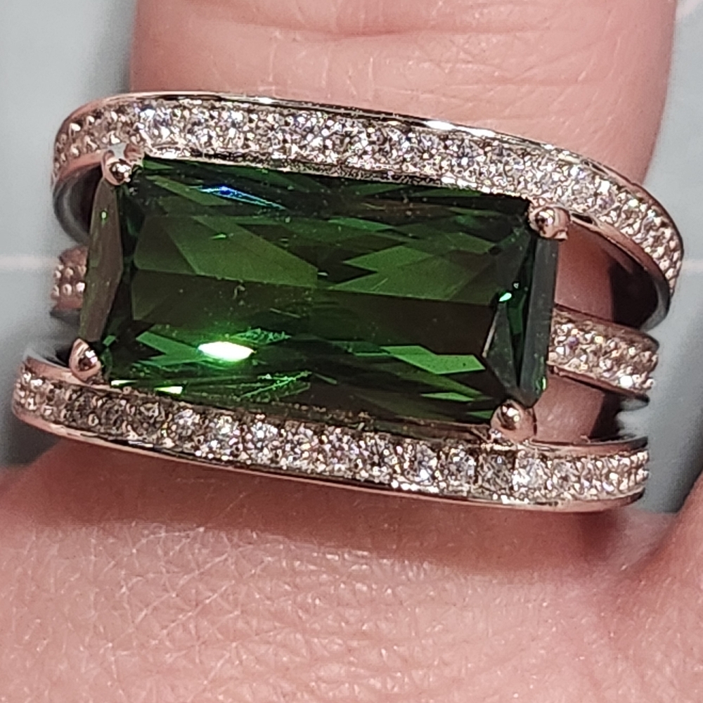 NWT JTV Large Chrome Diopside Stone With Cz Accents Ring Sterling Silver Size 5
